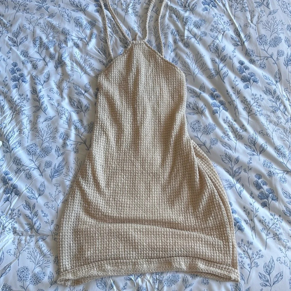 Beige Backless Knit Halter Top Dress
